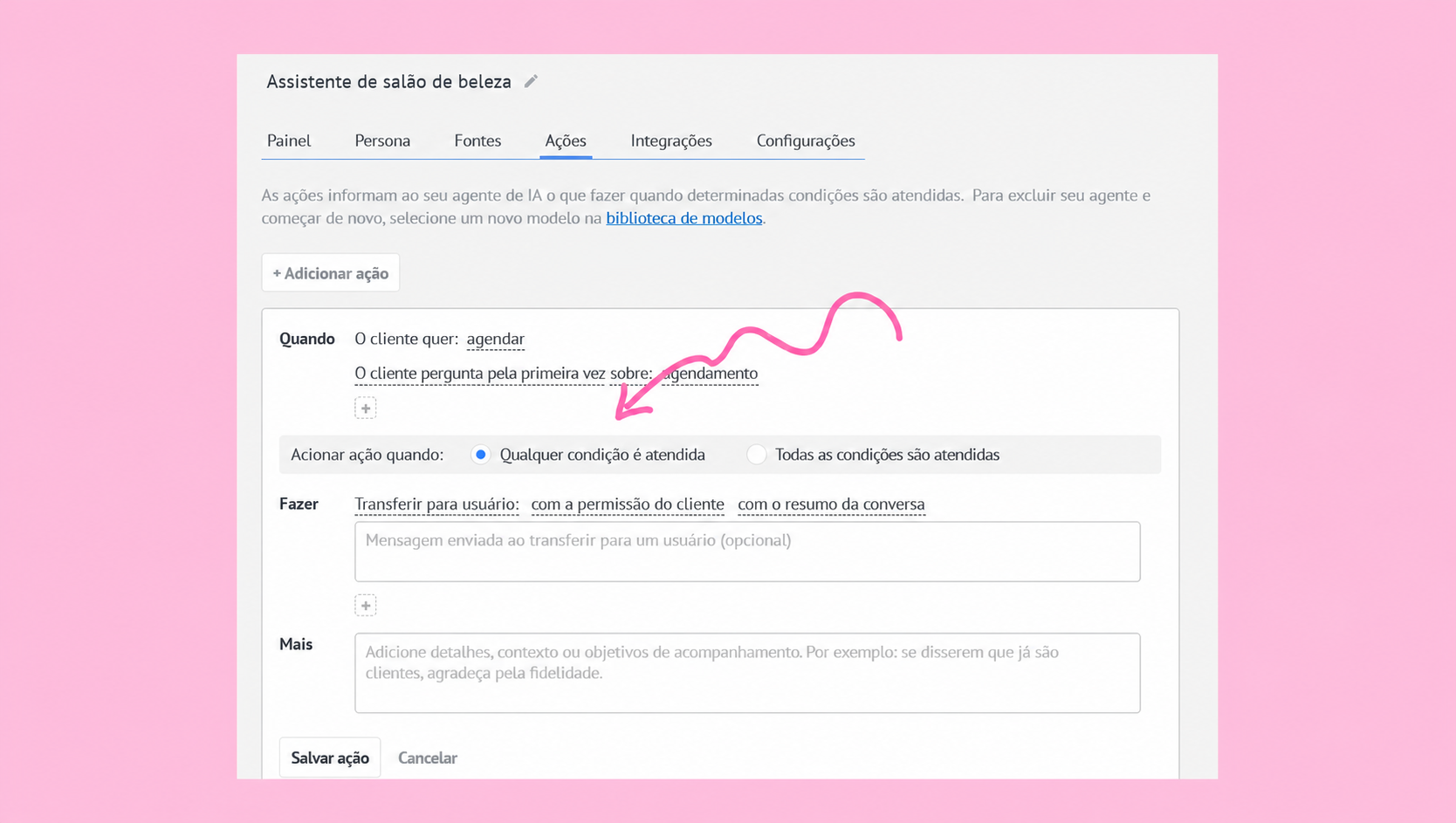 Settings for a beauty salon assistant, including action conditions and user transfer options.